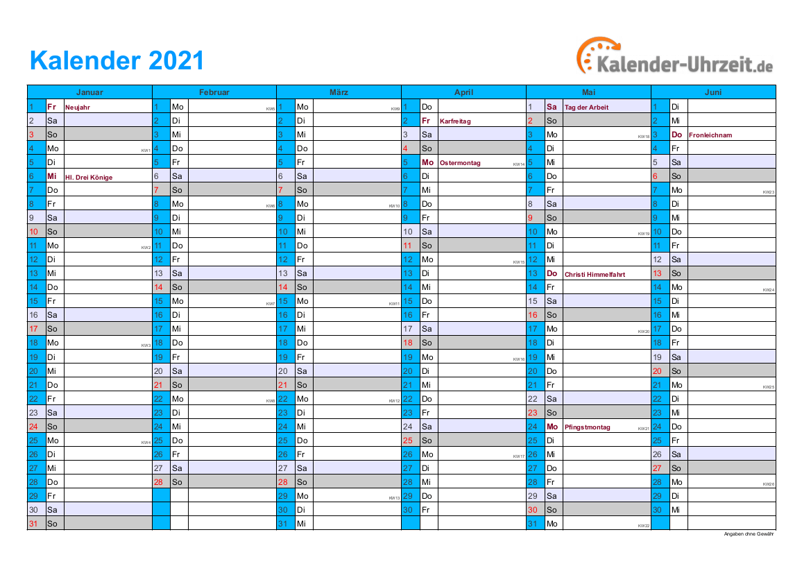 KALENDER 2021 ZUM AUSDRUCKEN - KOSTENLOS