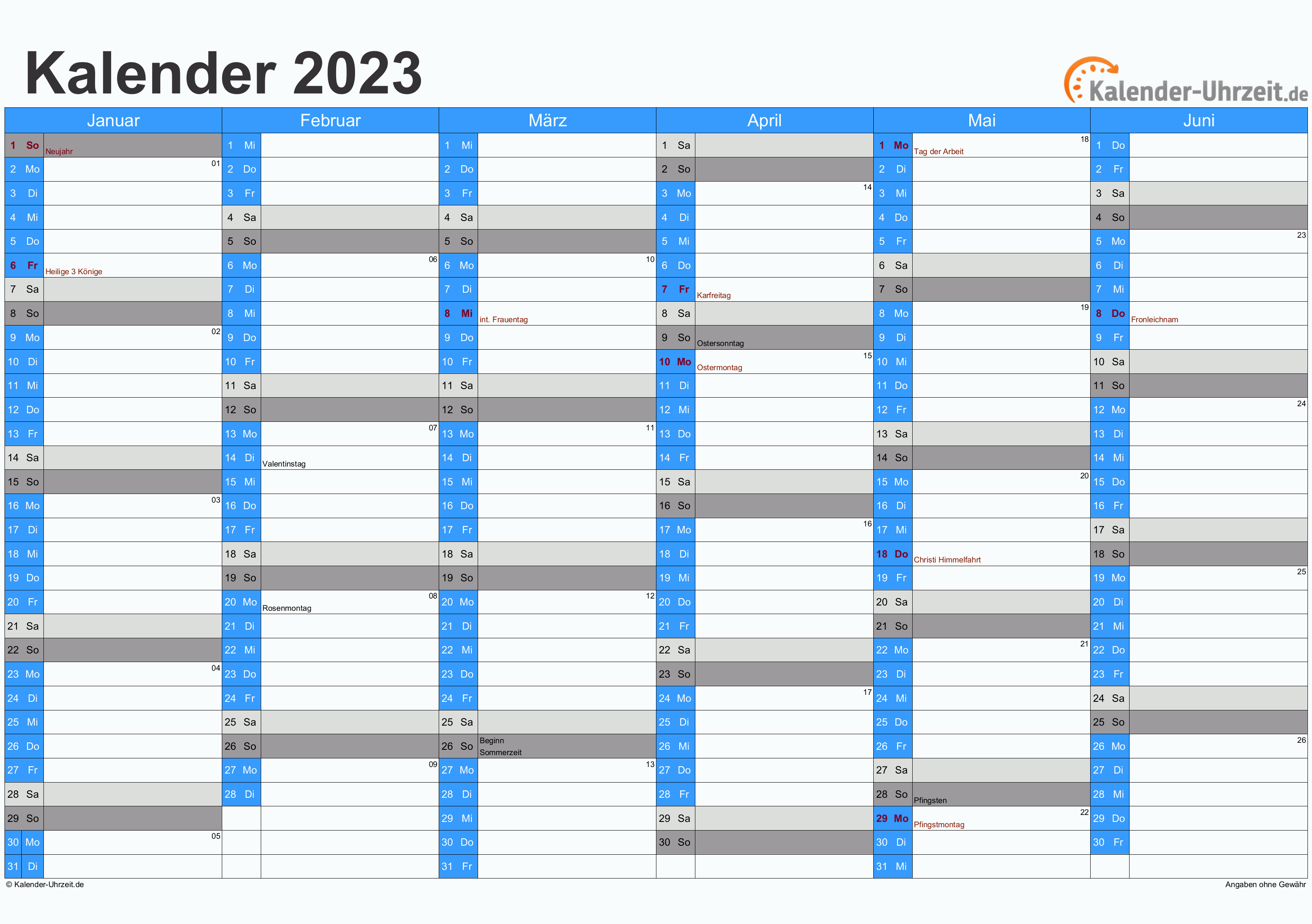 Kalender 2023 mit Feiertagen - 2-seitig - A4-Querformat