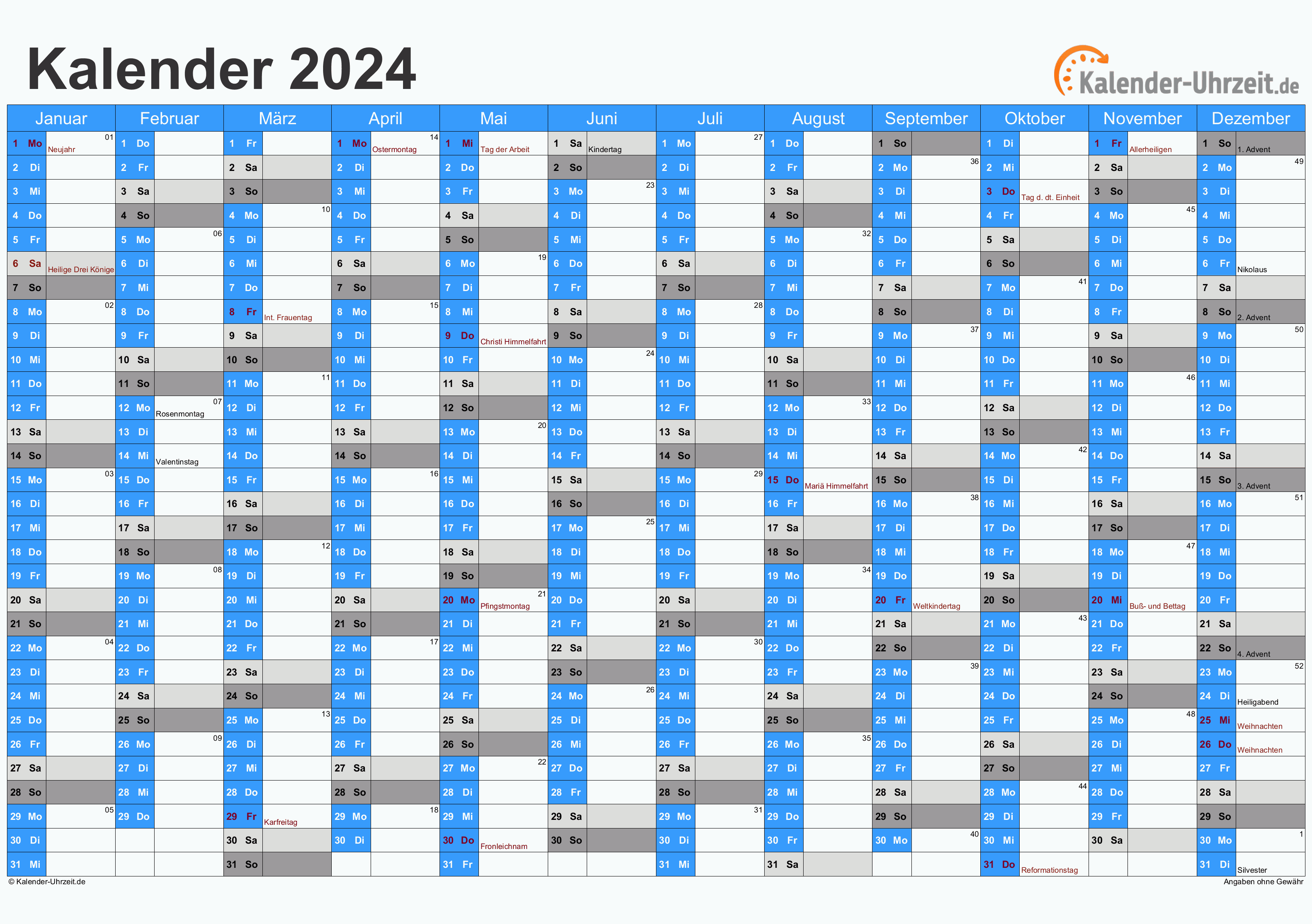 Jahreskalender 2024 mit Feiertagen - 1-seitig - A4-Querformat