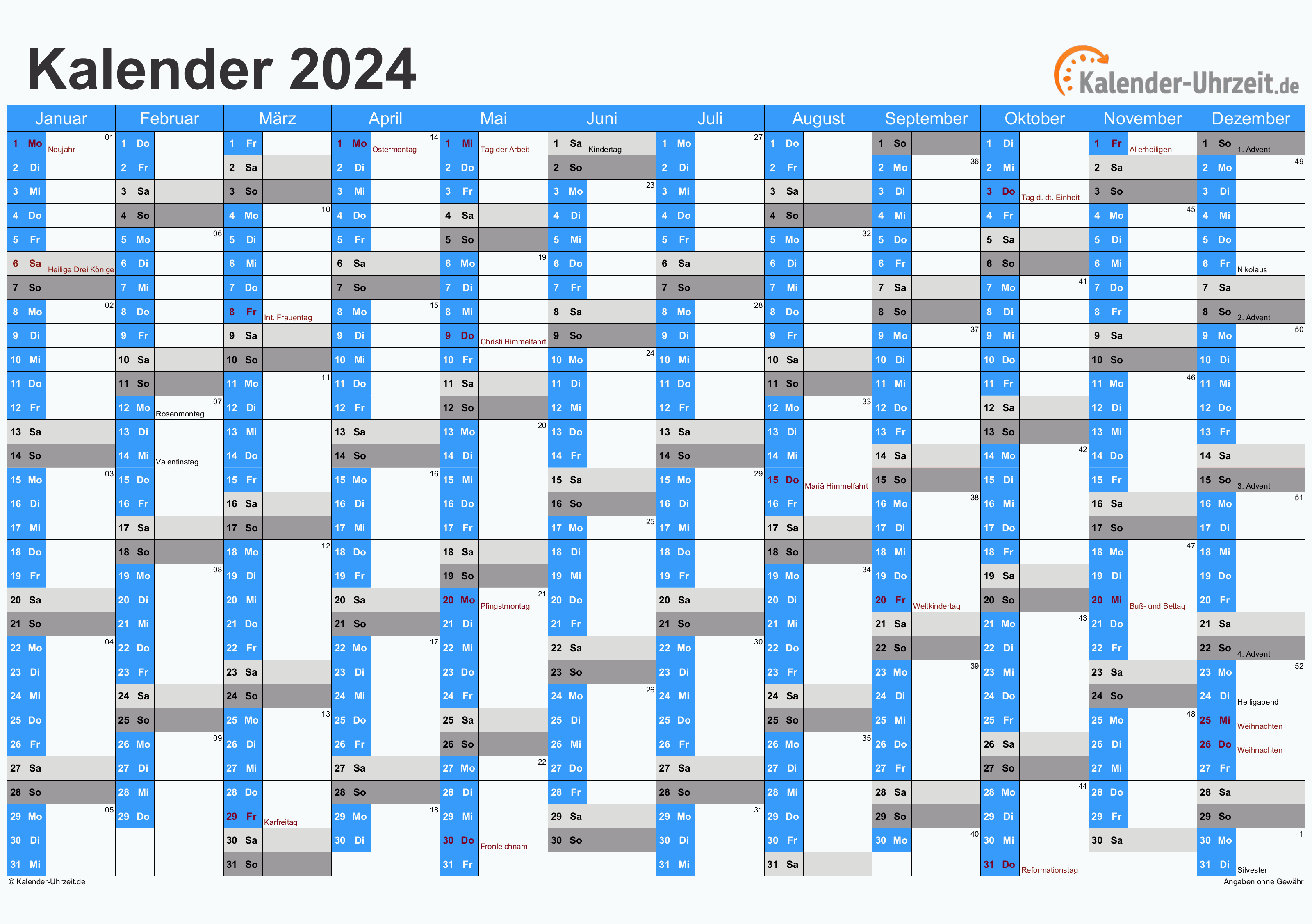 EXCELKALENDER 2024 KOSTENLOS