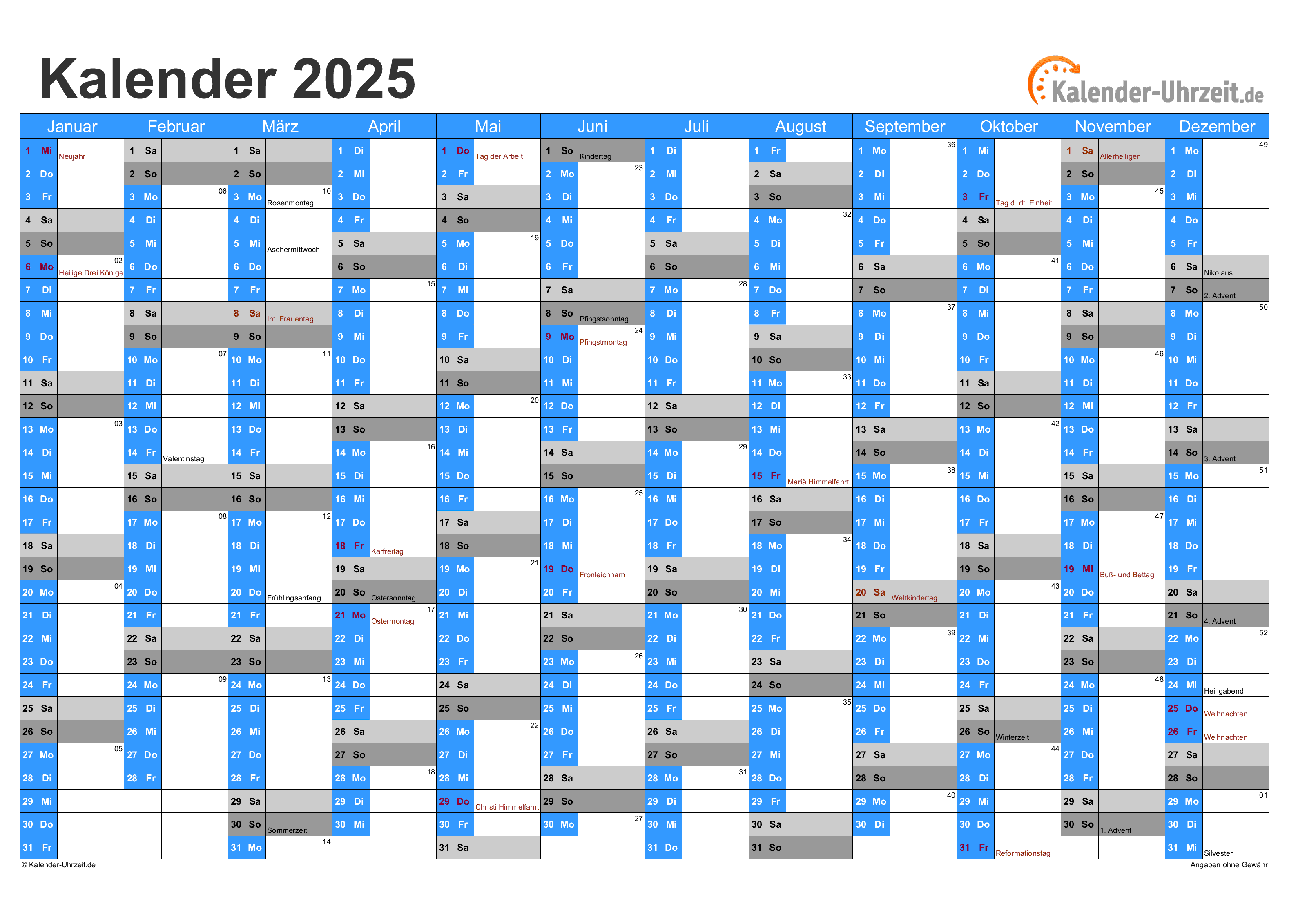 Jahreskalender 2025 mit Feiertagen - 1-seitig - A4-Querformat