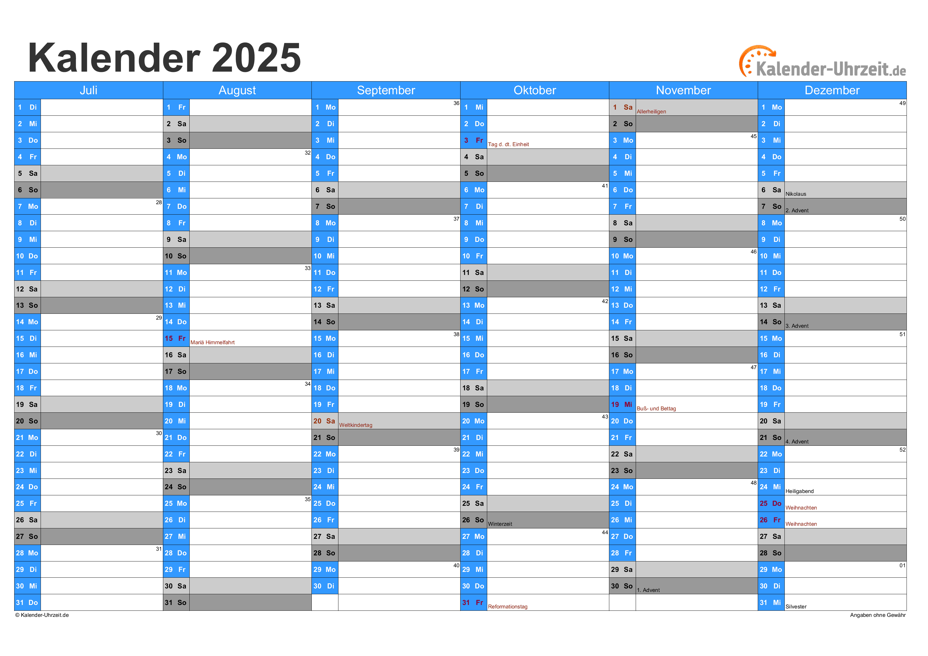 Kalender 2025 mit Feiertagen - 2-seitig - A4-Querformat