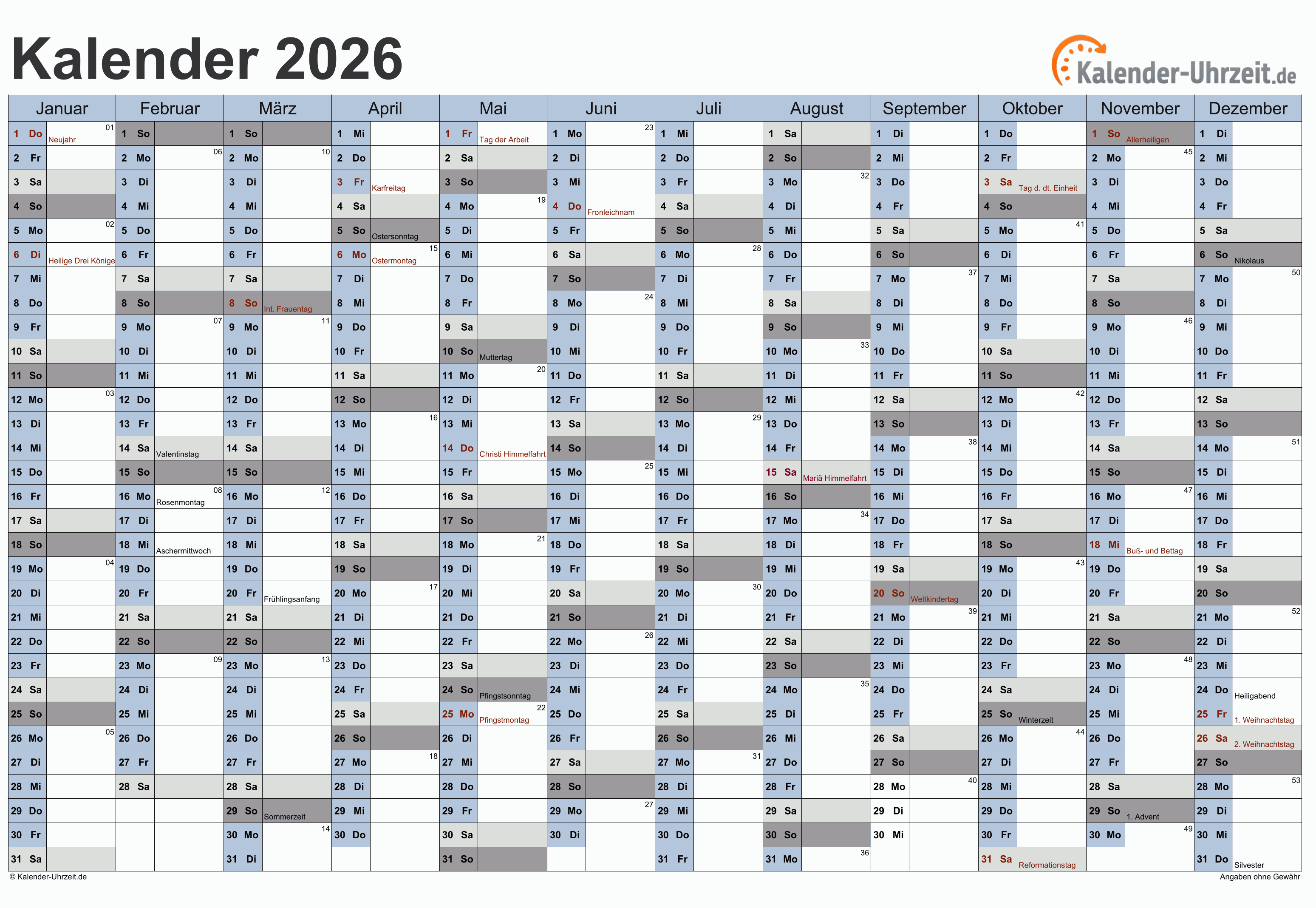 Jahreskalender 2026 mit Feiertagen - 1-seitig - A4-Querformat